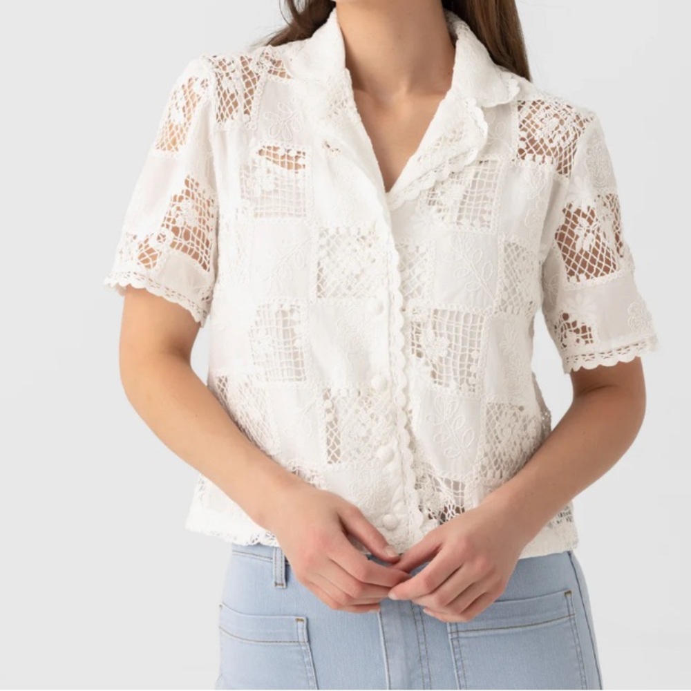 Eche White Lace Button-Up Blouse